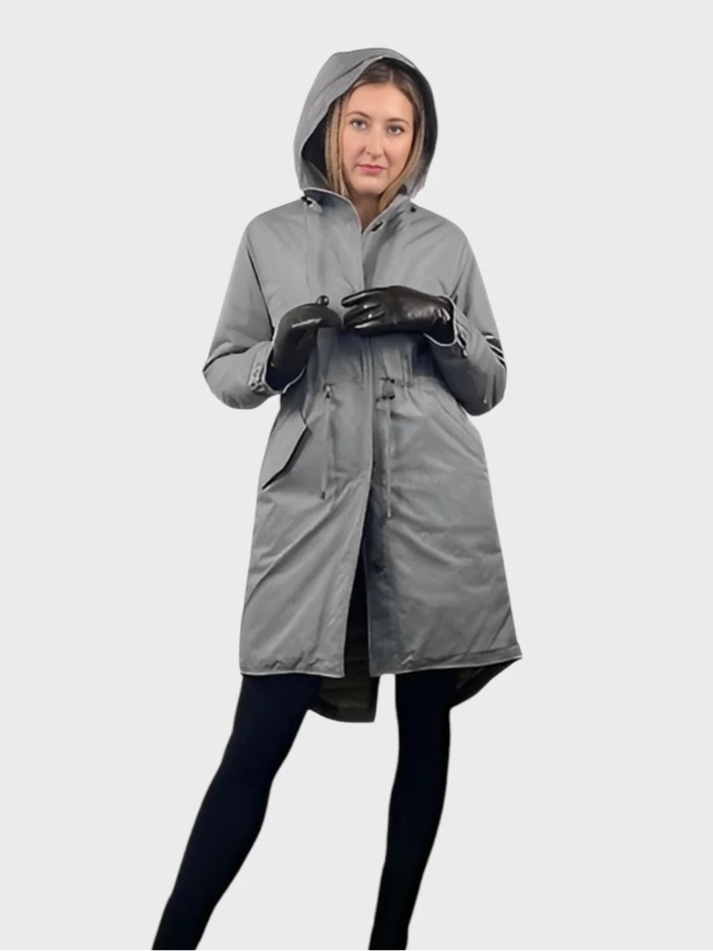 Women's Grey Hooded Twill Parka Jacket Lined With Sheared Upcycled Raccoon.